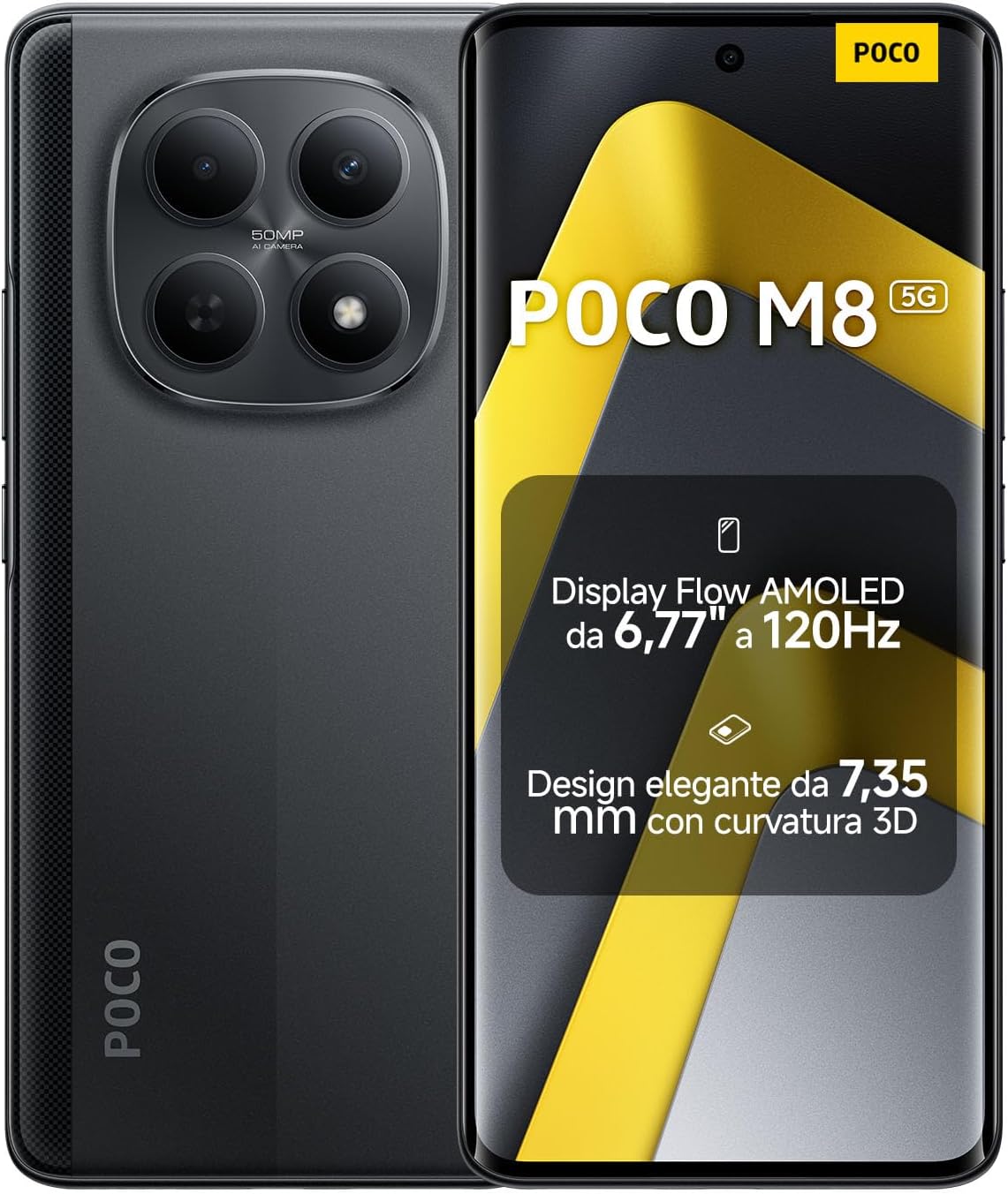 XIAOMI POCO M8 5G, Smartphone 8+256GB, AMOLED FIoW Display 6.77" 120Hz, Snapdragon® 6 Gen 3, Dual AI 50MP Camera, 7.35mm 3D Curved Design, Black, 2 Year Warranty, Charger Not Included